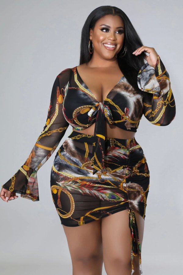 EVE Plus Size Printed Slim Fit Long Sleeve And Skirt Two Piece Sets NK-8618
