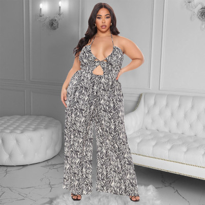 EVE Plus Size Printed Hollow Out Halter Jumpsuit WPF-80728