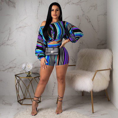 EVE Plus Size Sexy Striped Long Sleeve 2 Piece Shorts Sets ME-Q220