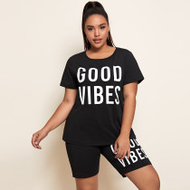 EVE Plus Size Letter Print T Shirt Shorts 2 Piece Sets ONY-6002