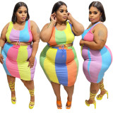 EVE Plus Size Contrast Color Sleeveless 2 Piece Skirt Sets ONY-7008