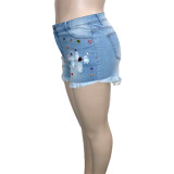 Plus Size Denim Colored Rhinestone Jeans Shorts SH-390354