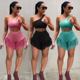 EVE Sexy Feather Patchwork Two Piece Shorts Sets FST-7278