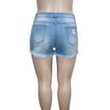 Plus Size Denim Colored Rhinestone Jeans Shorts SH-390354