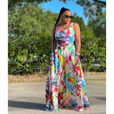 EVE Graffiti Printed Sleeveless Wide Leg Pants 2 Piece Sets WUM-22066