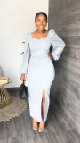 EVE Solid Long Sleeve Split Maxi Dress MIL-L323