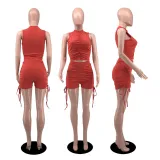 EVE Solid Ruched Tank Top Drawstring Shorts 2 Piece Sets YIBF-60143-2