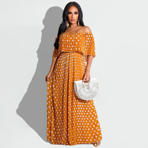 Plus Size Polka Dot Print Slash Neck Maxi Dress OSIF-22385