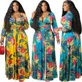 Plus Size Floral Print V Neck Sashes Maxi Dress OSIF-22357