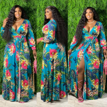 Plus Size Floral Print V Neck Sashes Maxi Dress OSIF-22357