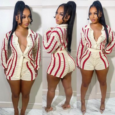 Knitted Sweater Long Sleeve Two Piece Shorts Sets NY-078