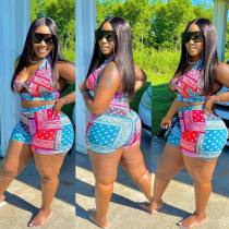 EVE Plus Size Printed Halter Two Piece Shorts Sets ONY-7010