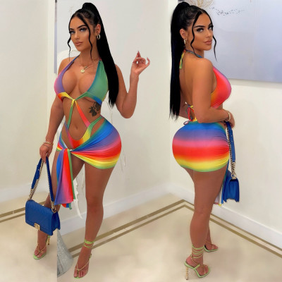 EVE Sexy Rainbow Multicolor Hollow One Piece Swimsuit Two Piece Set LP-66505