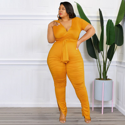 EVE Plus Size Solid Crop Top High Waist Ruched Pants Sets OSIF-22343