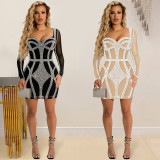EVE Sexy Hot Drilling Mesh Long Sleeve Club Dress BY-5846