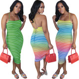 EVE Sexy Striped Cross Strap Midi Dress OMY-81028