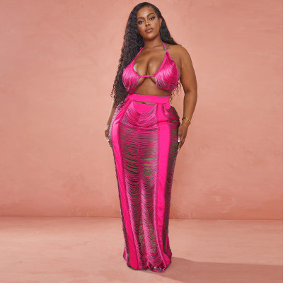 EVE Plus Size Sexy Hollow Out Bra Maxi Skirt 2 Piece Sets ZSD-0484