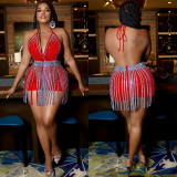 Sexy Hot Drilling Halter Bodysuit+Tassel Mini Skirt 2 Piece Sets BY-5871
