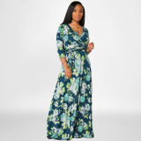 EVE Plus Size Floral Print V Neck 3/4 Sleeve Sashes Maxi Dress OSIF-22421