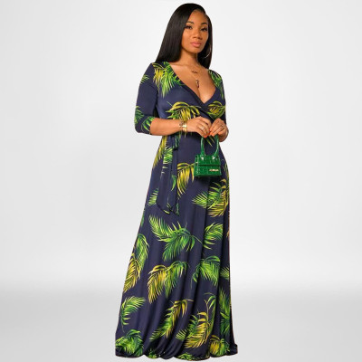 EVE Plus Size Floral Print 3/4 Sleeve V Neck Sashes Maxi Dress OSIF-22422