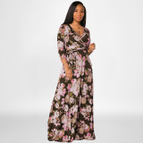 EVE Plus Size Floral Print V Neck 3/4 Sleeve Sashes Maxi Dress OSIF-22421