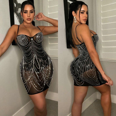 Sexy Hot Drilling Spaghetti Strap Night Club Dress BY-5868