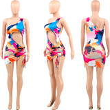 EVE Sexy Printed One Shoulder Drawstring Hollow Mini Dress OY-6369