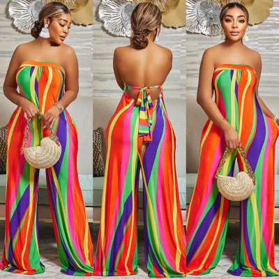 EVE Colorful Striped Strapless Off Shoulder Jumpsuit TE-4454