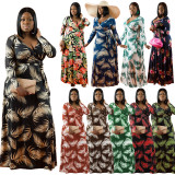 EVE Plus Size Floral Print V Neck Long Sleeve Maxi Dress OSIF-21163