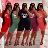 EVE Plus Size Pink Letter Print Two Piece Shorts Sets WAF-71612
