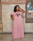 EVE Plus Size Pink Letter Print Short Sleeve Maxi Dress WAF-774392