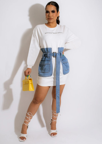 EVE Denim Patchwork Embroidery Letter Belted Mini Dress MEM-88449