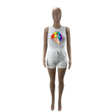 EVE Lip Print Sleeveless Bodysuit+Shorts 2 Piece Sets CXLF-885