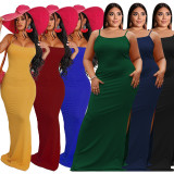 EVE Plus Size Solid Split Sleeveless Sling Maxi Dress OSIF-22263