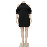 EVE Plus Size Solid Ruffled Cold Shoulder Mini Dress NNWF-7528