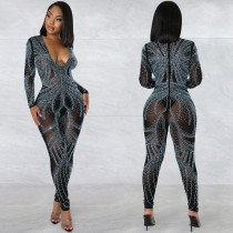 EVE Sexy Hot Drilling V Neck Long Sleeve Jumpsuit BY-5885