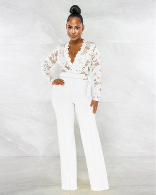 EVE Sexy Lace Patchwork V Neck Jumpsuit MZ-2754
