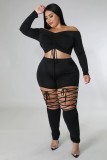 EVE Plus Size Solid Long Sleeve Drawstring Lace-Up 2 Piece Sets LFDF-90056