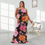 EVE Plus Size Flower Print Cross Strap Maxi Dress OSIF-22259