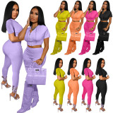 EVE Solid Hooded Short Sleeve Two Piece Pants Sets YIM-077