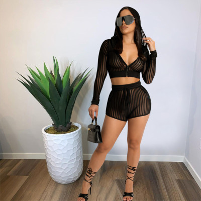 EVE Sexy Mesh Striped Hooded Long Sleeve 2 Piece Shorts Sets YIS-E542