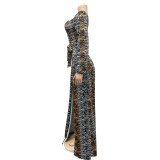 EVE Sexy Printed V Neck Long Sleeve Split Sashes Maxi Dress BY-5889
