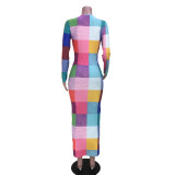 EVE Colorful Plaid Long Sleeve Slim Maxi Dress GZYF-8089
