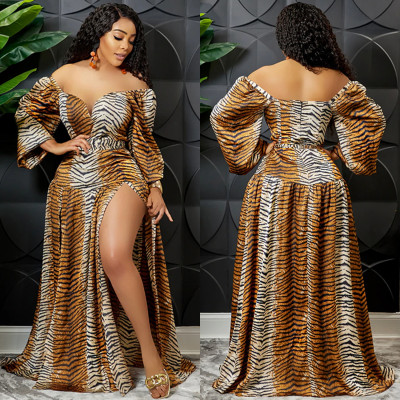 EVE Sexy Printed V Neck Long Sleeve Split Sashes Maxi Dress BY-5889