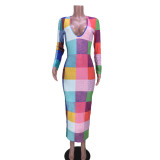 EVE Colorful Plaid Long Sleeve Slim Maxi Dress GZYF-8089