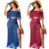 EVE Plus Size Grid Tassel Hollow Out Two Piece Sets SH-390378