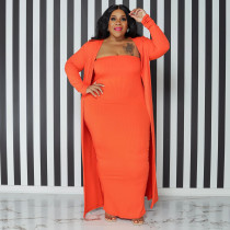 EVE Plus Size Solid Strapless Maxi Dress+Long Cloak 2 Piece Sets NNWF-7575