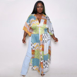 EVE Plus Size Printed V Neck Loose Vacation Maxi Dress NNWF-7543