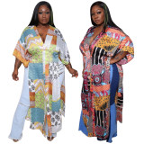 EVE Plus Size Printed V Neck Loose Vacation Maxi Dress NNWF-7543