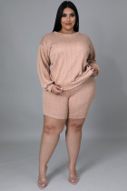 EVE Plus Size Solid Long Sleeve Backless 2 Piece Shorts Sets OSM2-5309